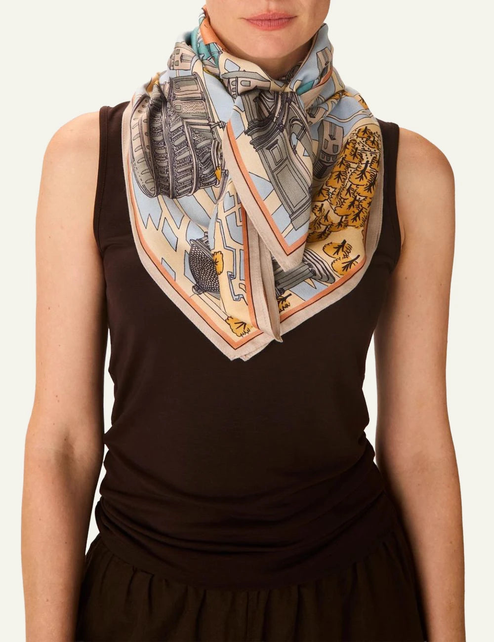 Inoui square silk modal scarf with Rome map and architectural print model