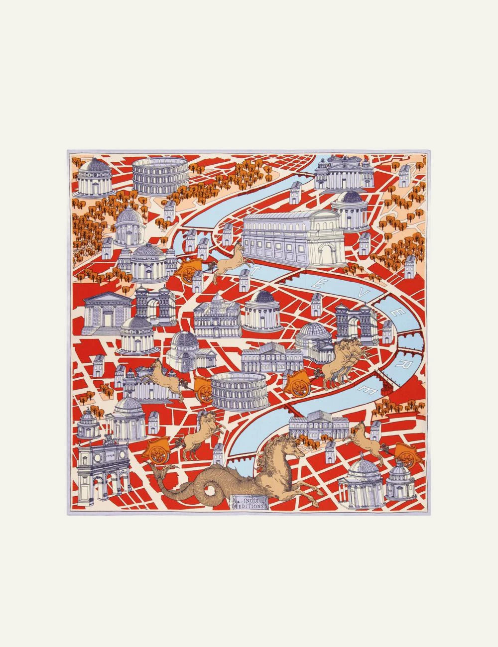 Inoui square silk modal scarf with Rome map print in red and blue tones
