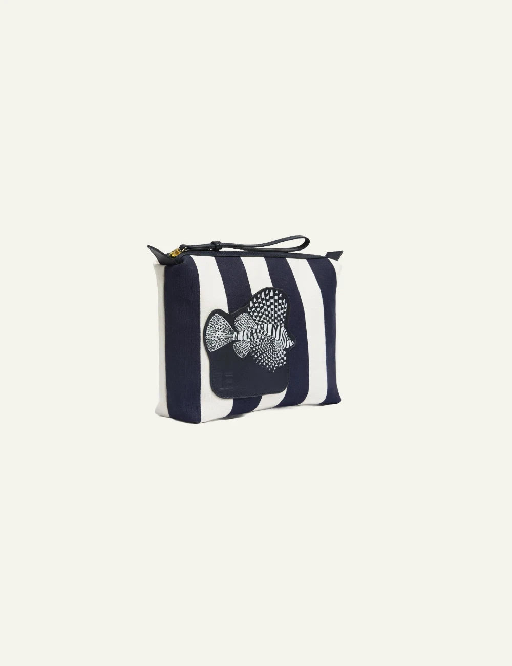 Inoui striped pouch navy ecru with fish leather patch angled view