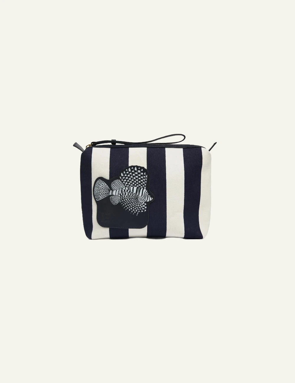 Inoui striped pouch navy ecru with fish leather patch front view