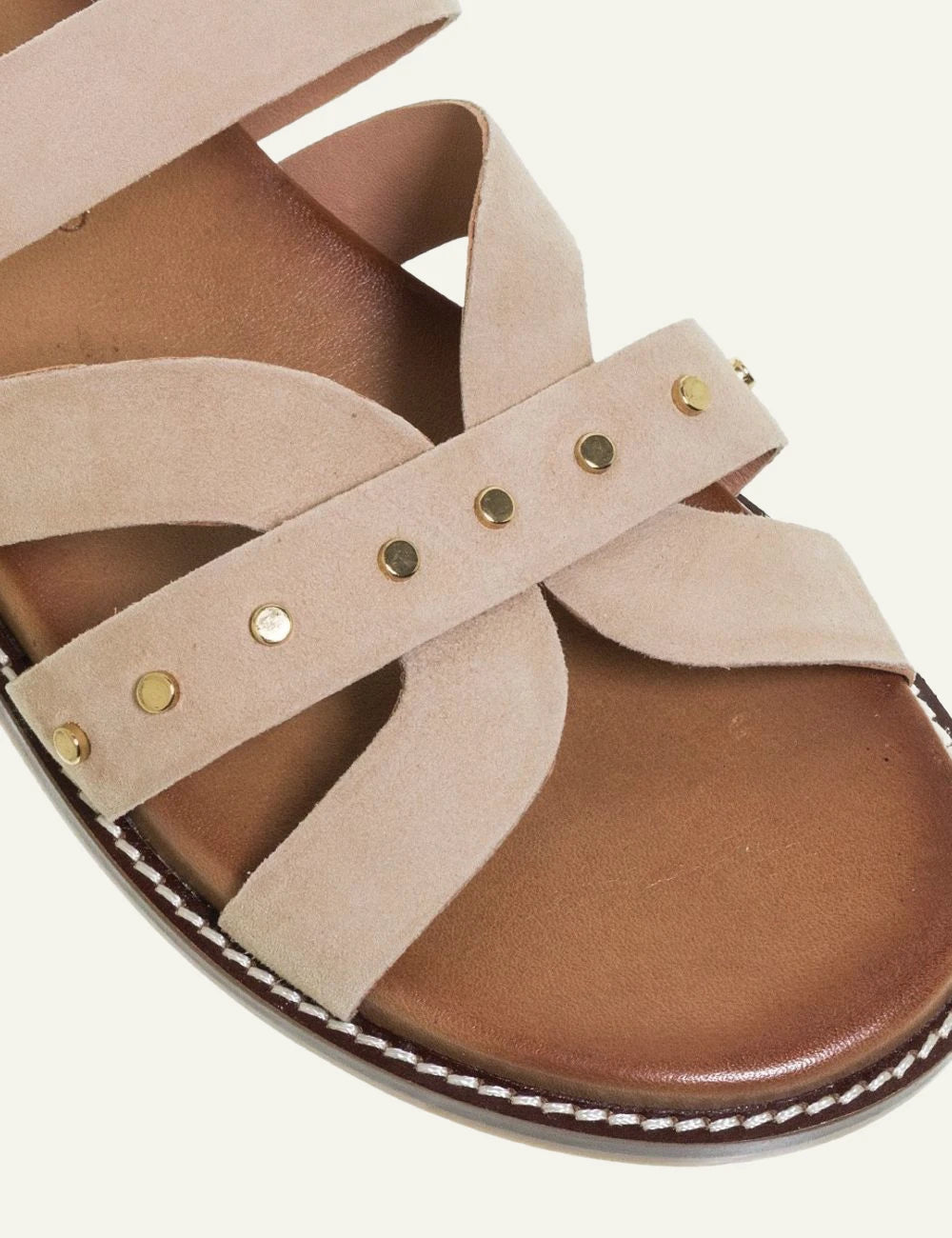 inuovo beige suede sandals stud straps top detail  view