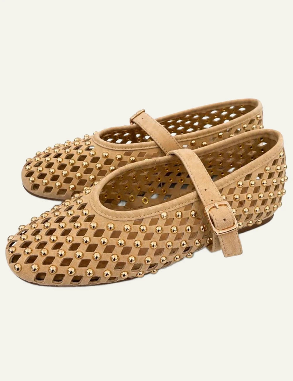 inuovo beige studded ballet flats mary jane profile view