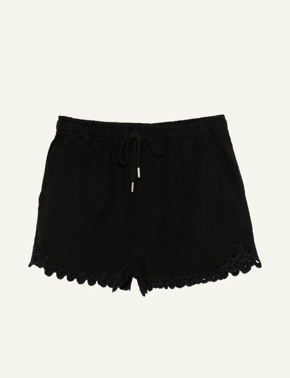 Isabel Marant Balyme shorts black cotton broderie hem drawstring front view