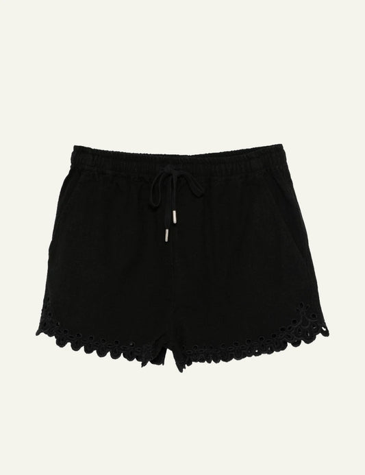 Isabel Marant Balyme shorts black cotton broderie hem drawstring front view
