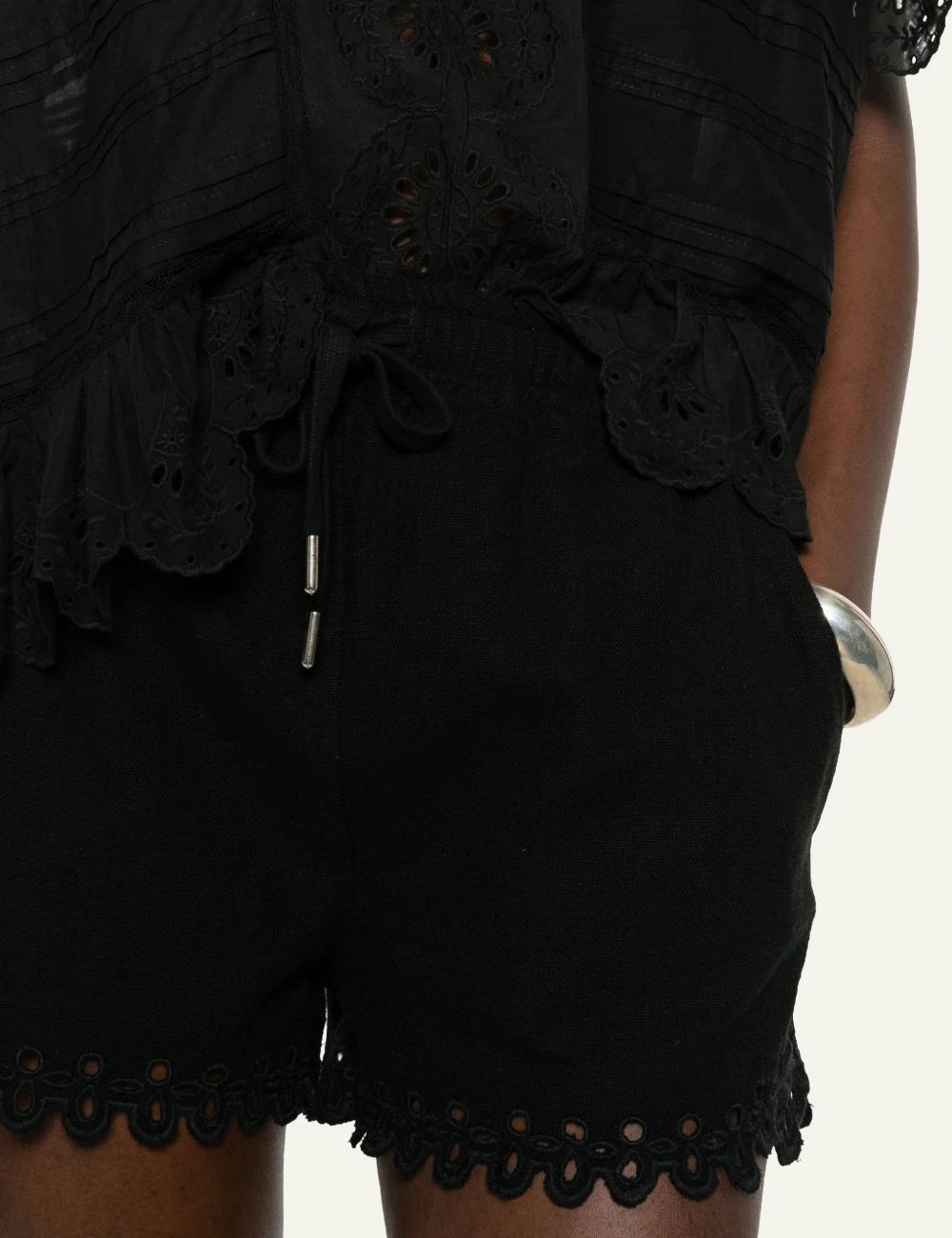 Isabel Marant Balyme shorts black cotton broderie hem drawstring front detail view