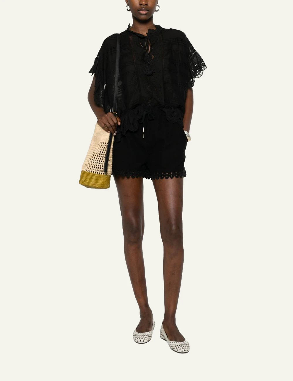 Isabel Marant Balyme shorts black cotton broderie hem drawstring front full body view