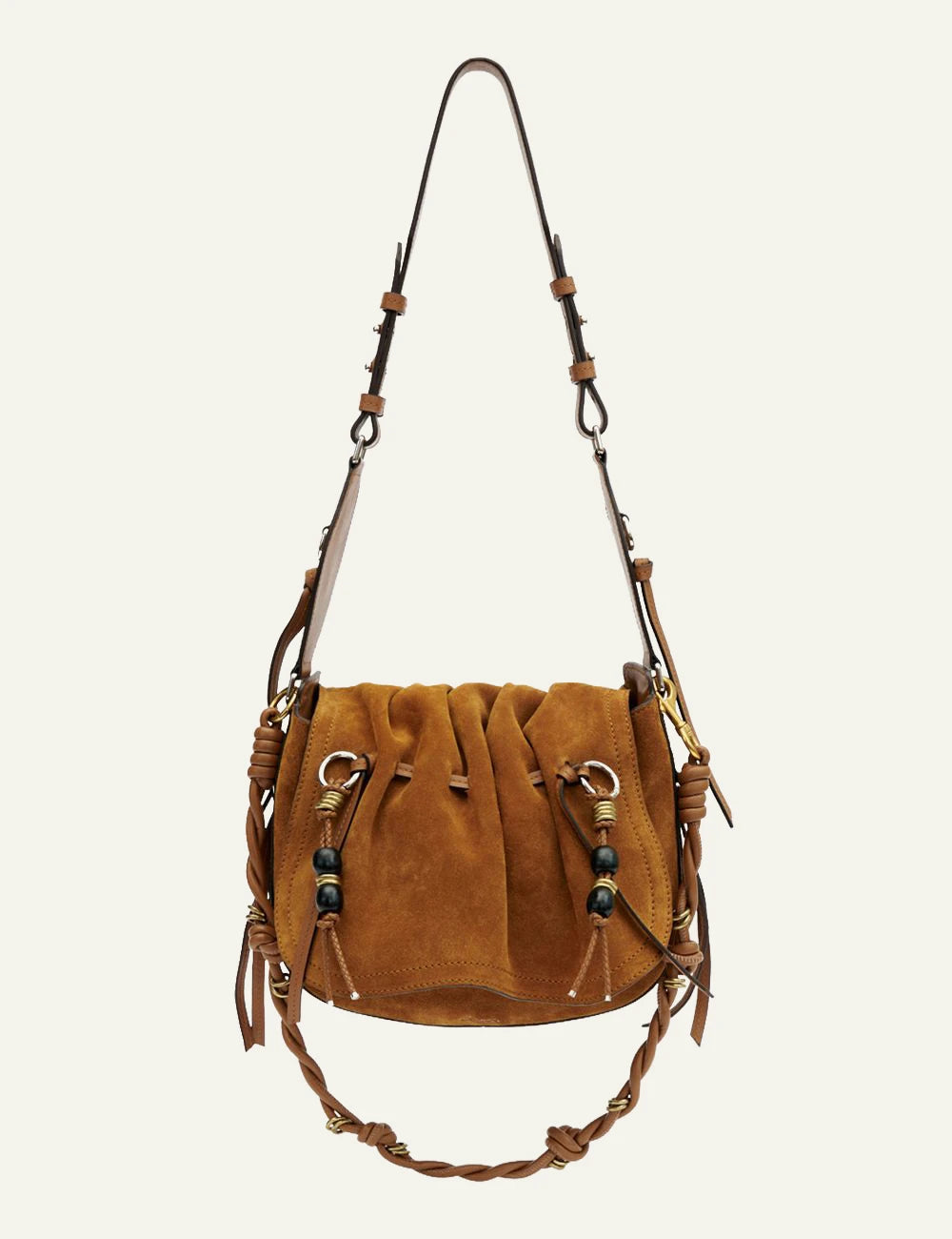 Isabel Marant Bolton bag cognac suede leather shoulder crossbody tassel front view