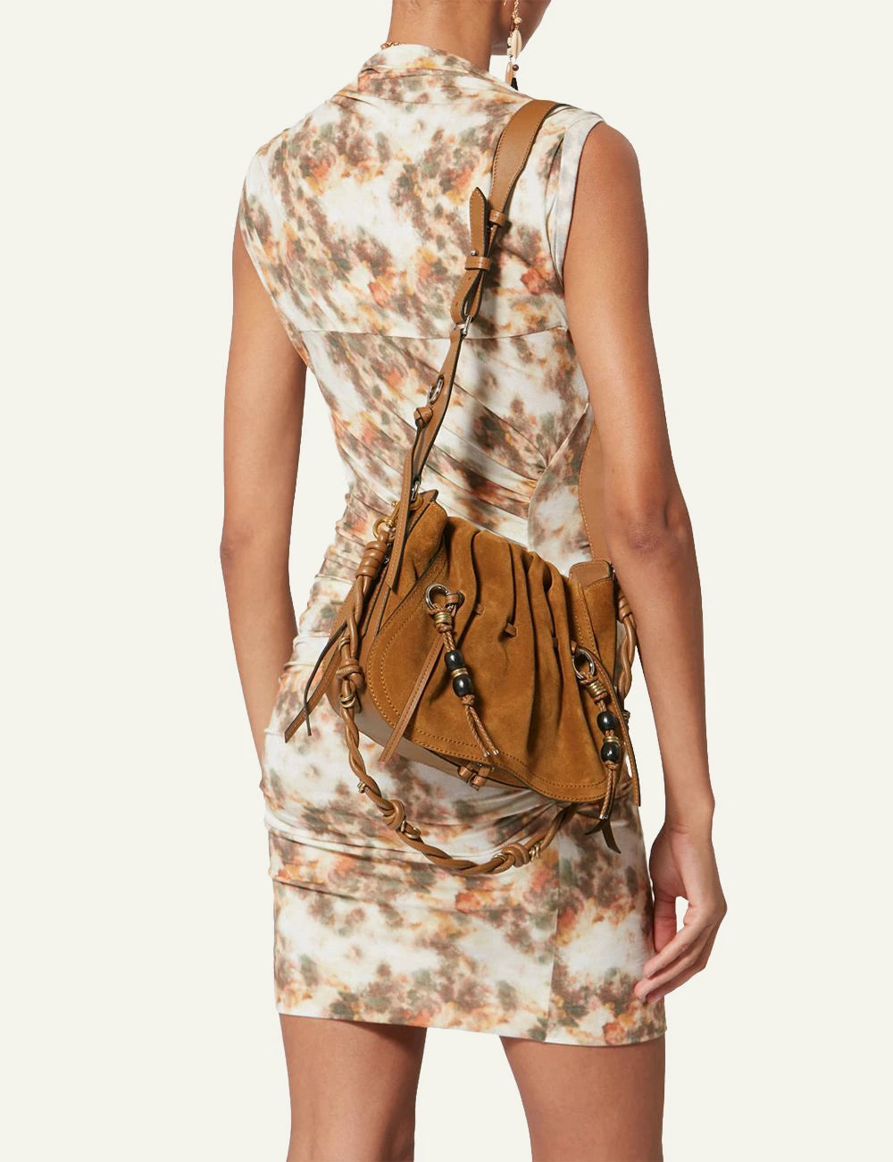 Isabel Marant Bolton bag cognac suede leather shoulder crossbody tassel front model view