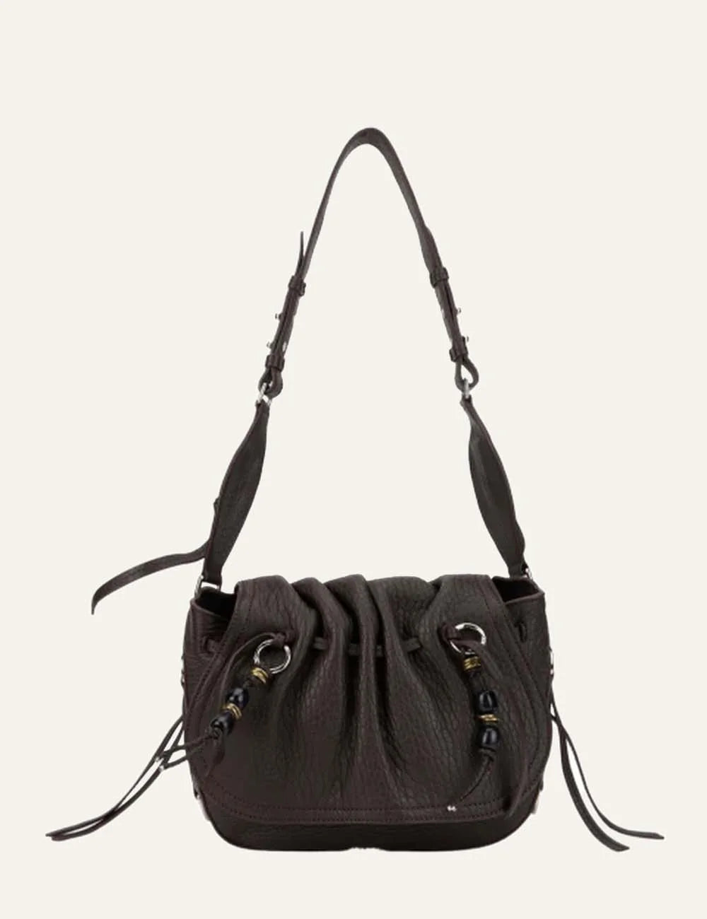 Isabel Marant brown bag with soft flap, adjustable strap and tassel drawstring.