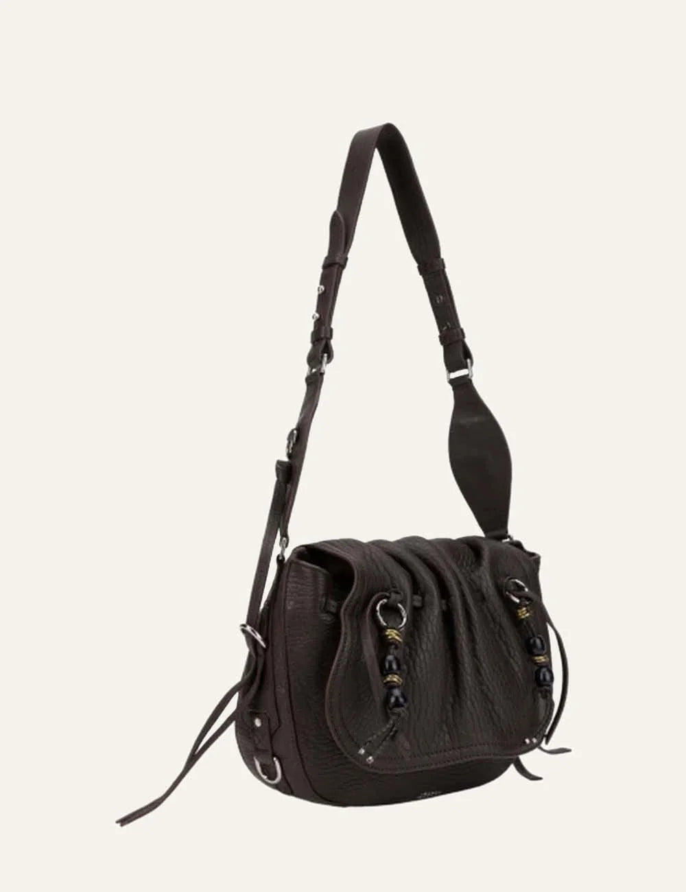 Isabel Marant brown bag with soft flap, adjustable strap and tassel drawstring side