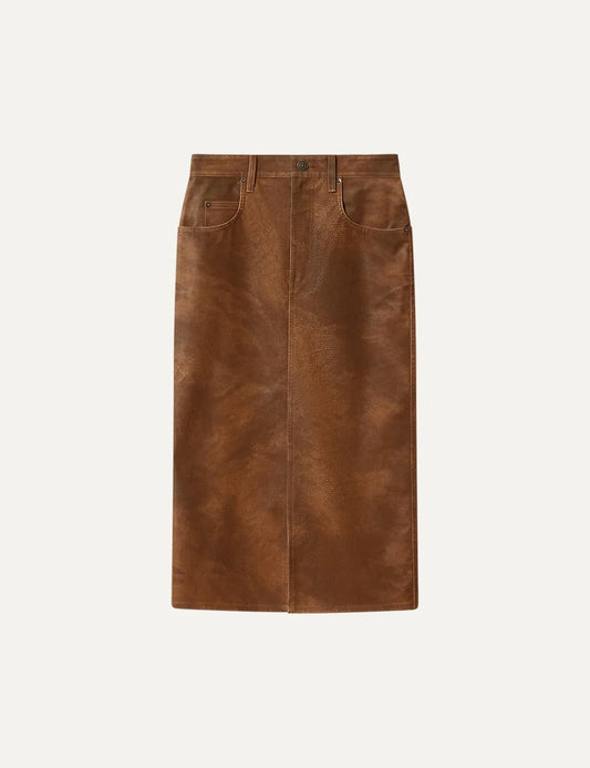 Isabel Marant distressed faux suede midi skirt with front slit.