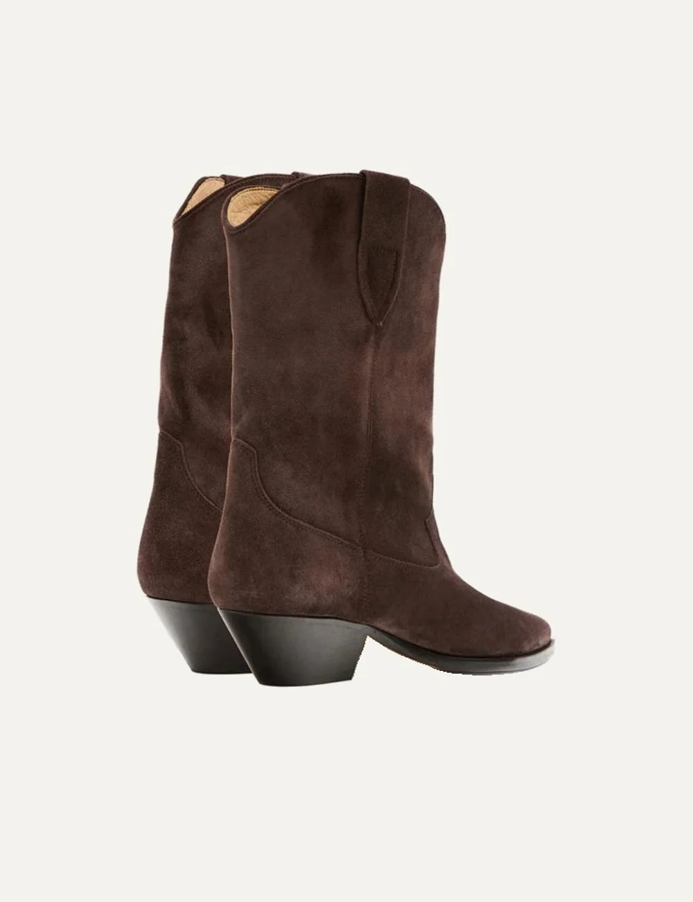 Isabel Marant Duerto chocolate brown suede cowboy ankle boots with pointed toe, wide shaft and low angled heel back