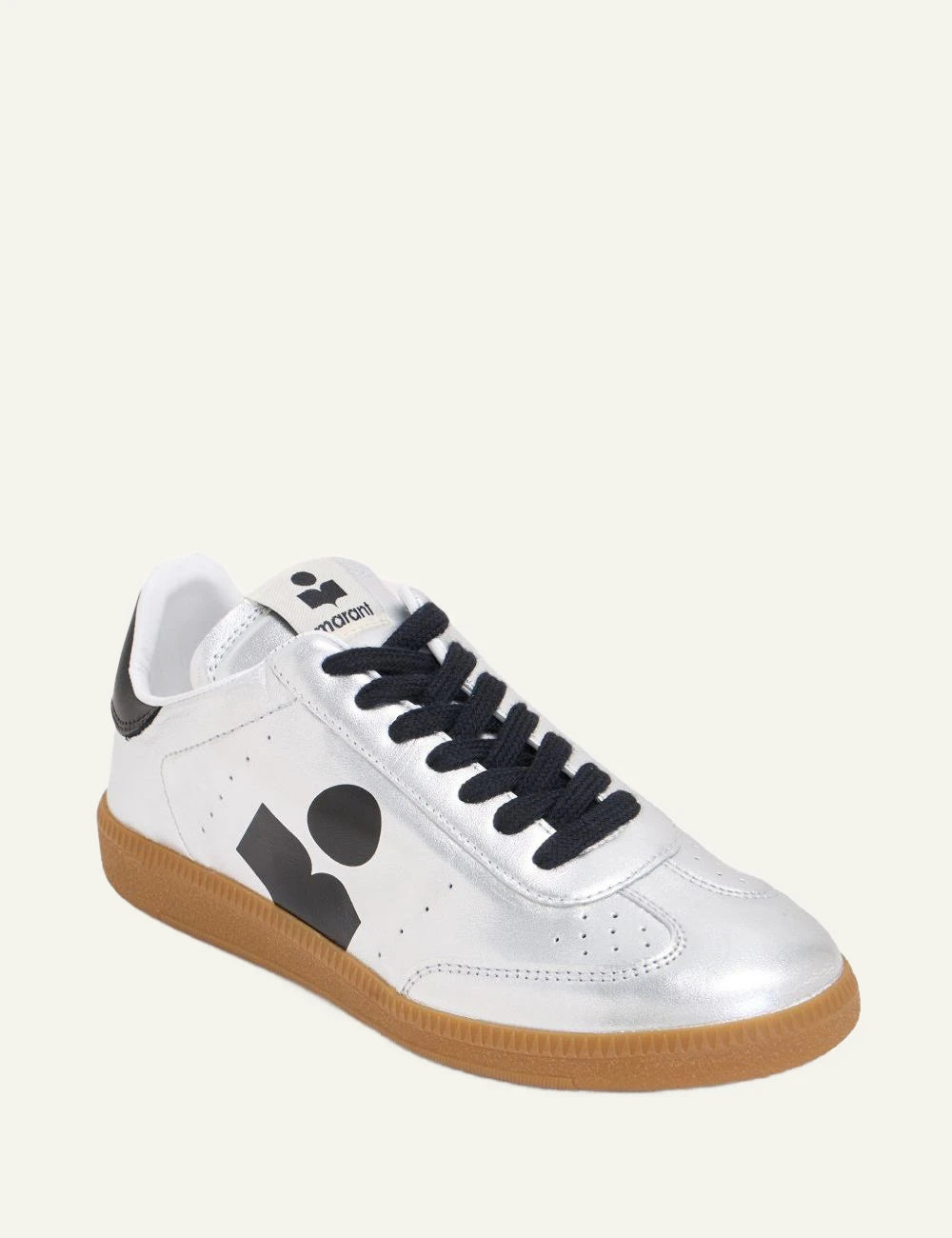 Isabel Marant Kaycee sneakers silver black logo gum sole angled view