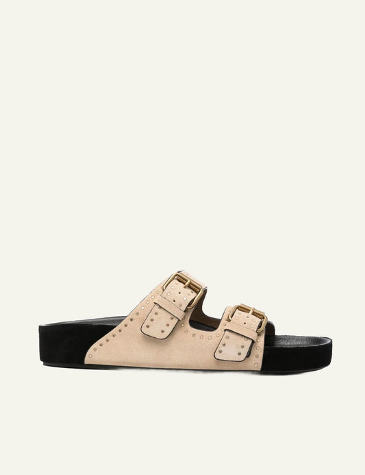 Isabel Marant Lennyo suede slides chestnut me studs double buckle side view