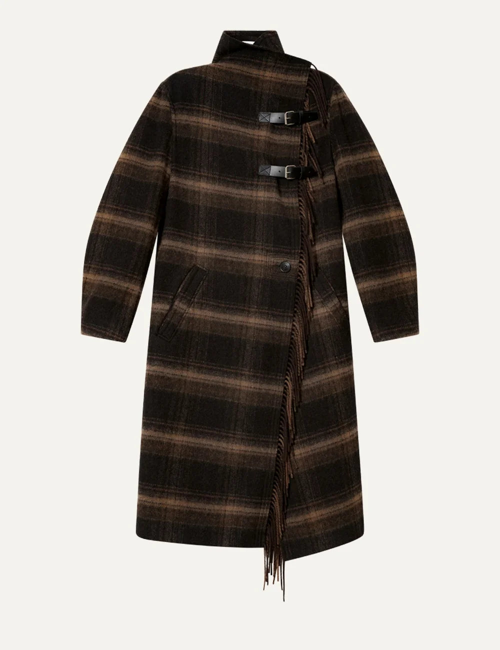 Isabel Marant long plaid coat with fringe trim and buckle straps.