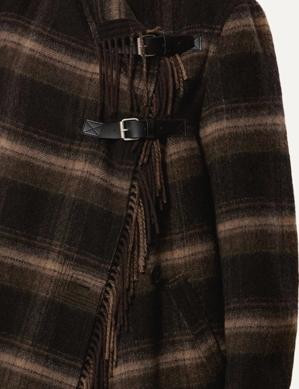 Isabel Marant long plaid coat with fringe trim and buckle straps detail