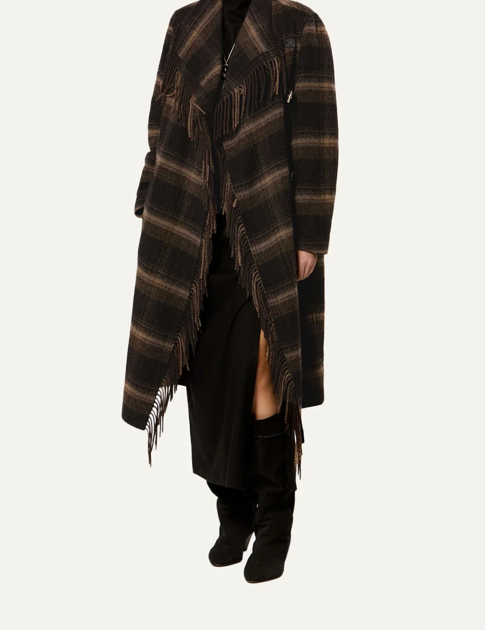 Isabel Marant long plaid coat with fringe trim and buckle straps full body