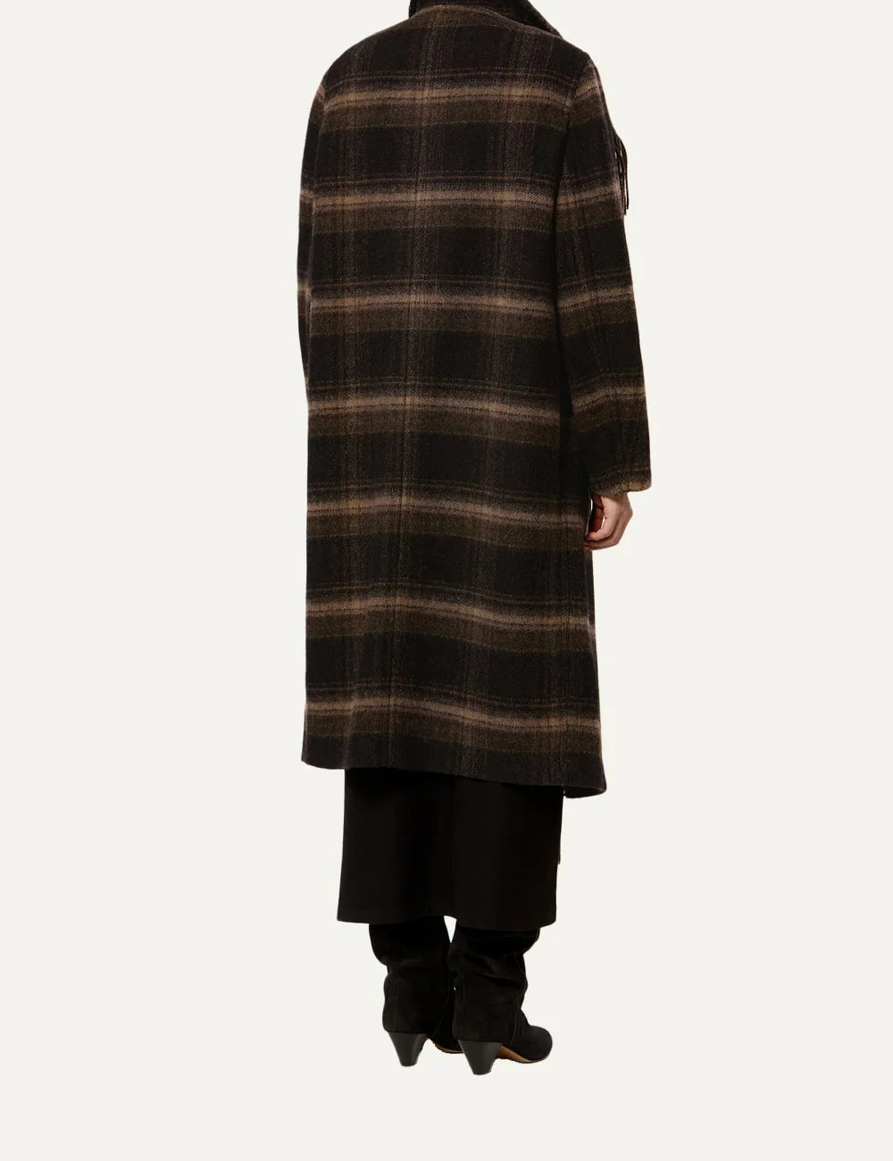 Isabel Marant long plaid coat with fringe trim and buckle straps back