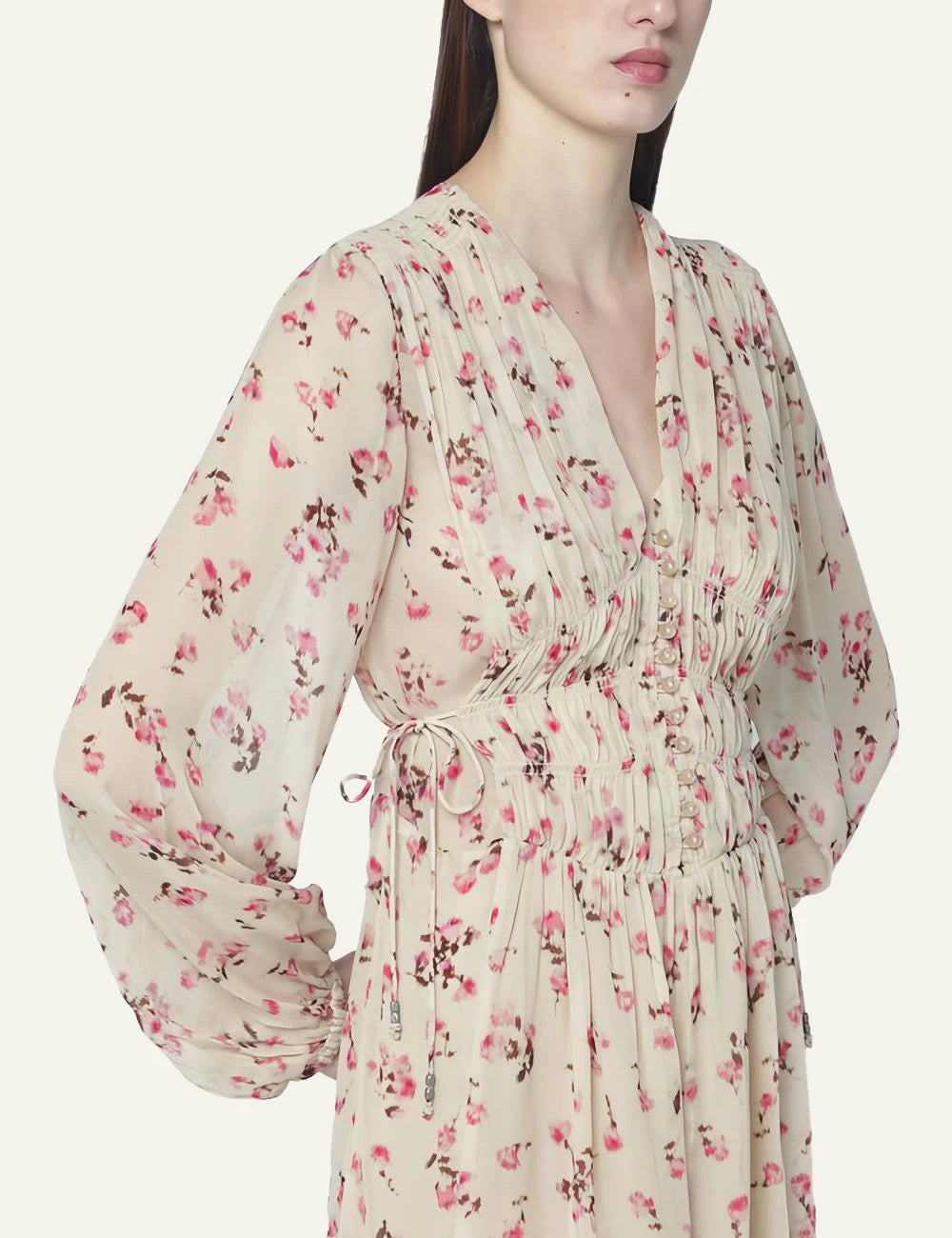 Isabel Marant Loriena dress beige floral mini long sleeve button side model view