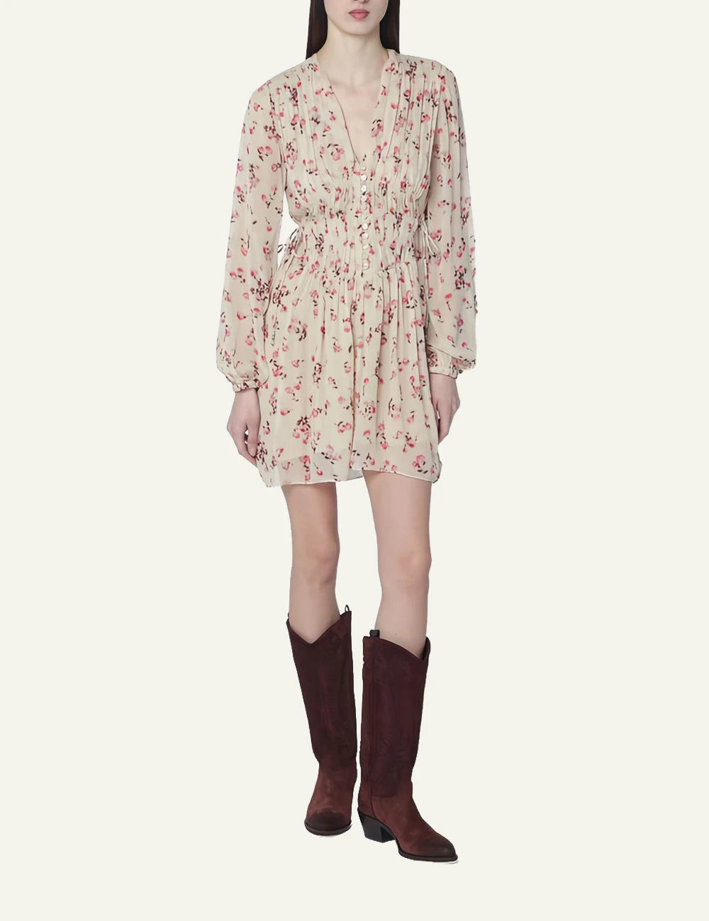 Isabel Marant Loriena dress beige floral mini long sleeve button front model view