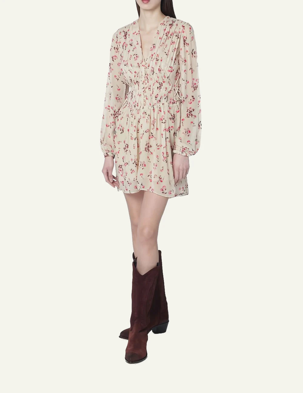 Isabel Marant Loriena dress beige floral mini long sleeve button front full body view