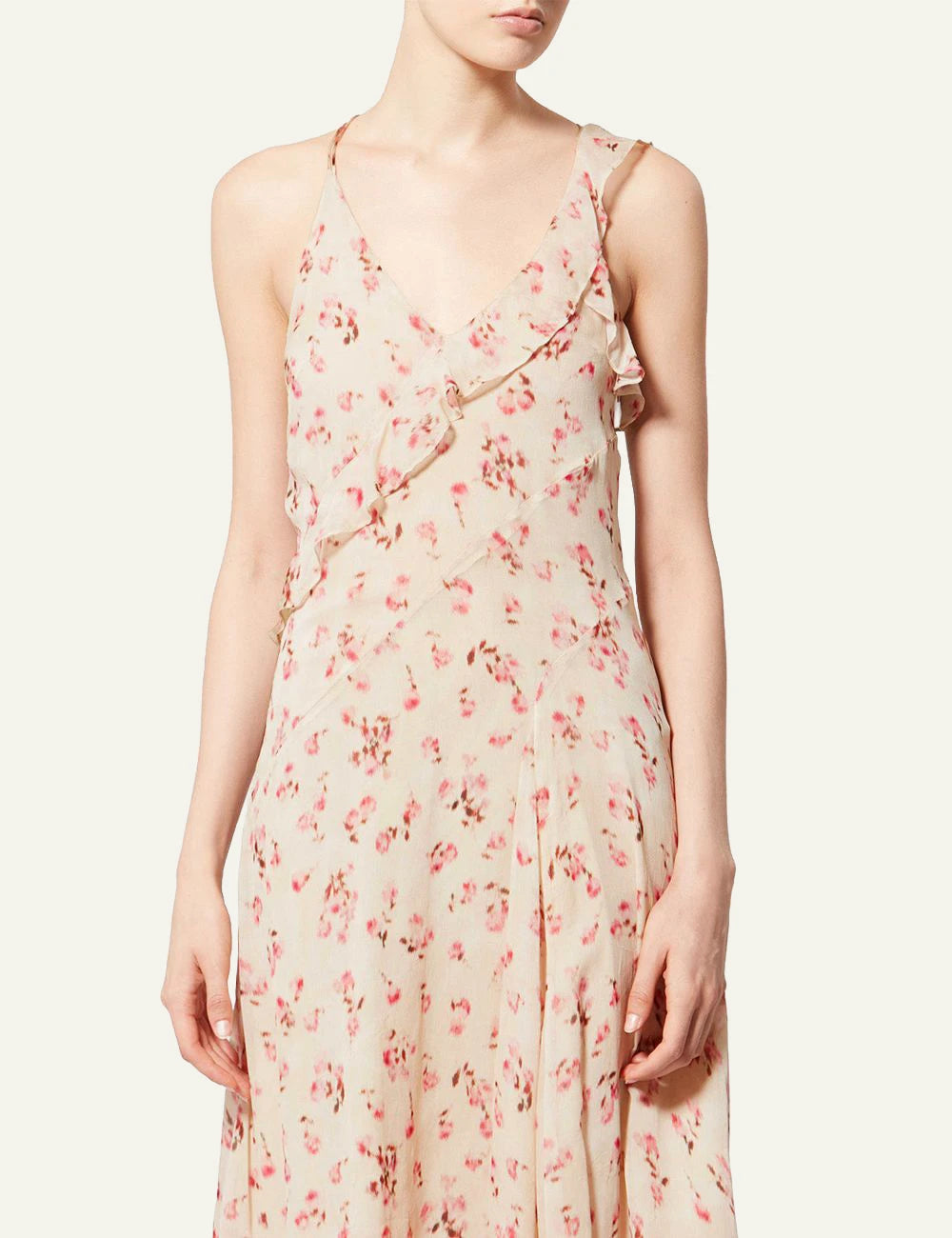 Isabel Marant Luxie dress beige floral maxi ruffled straps flowy front model view