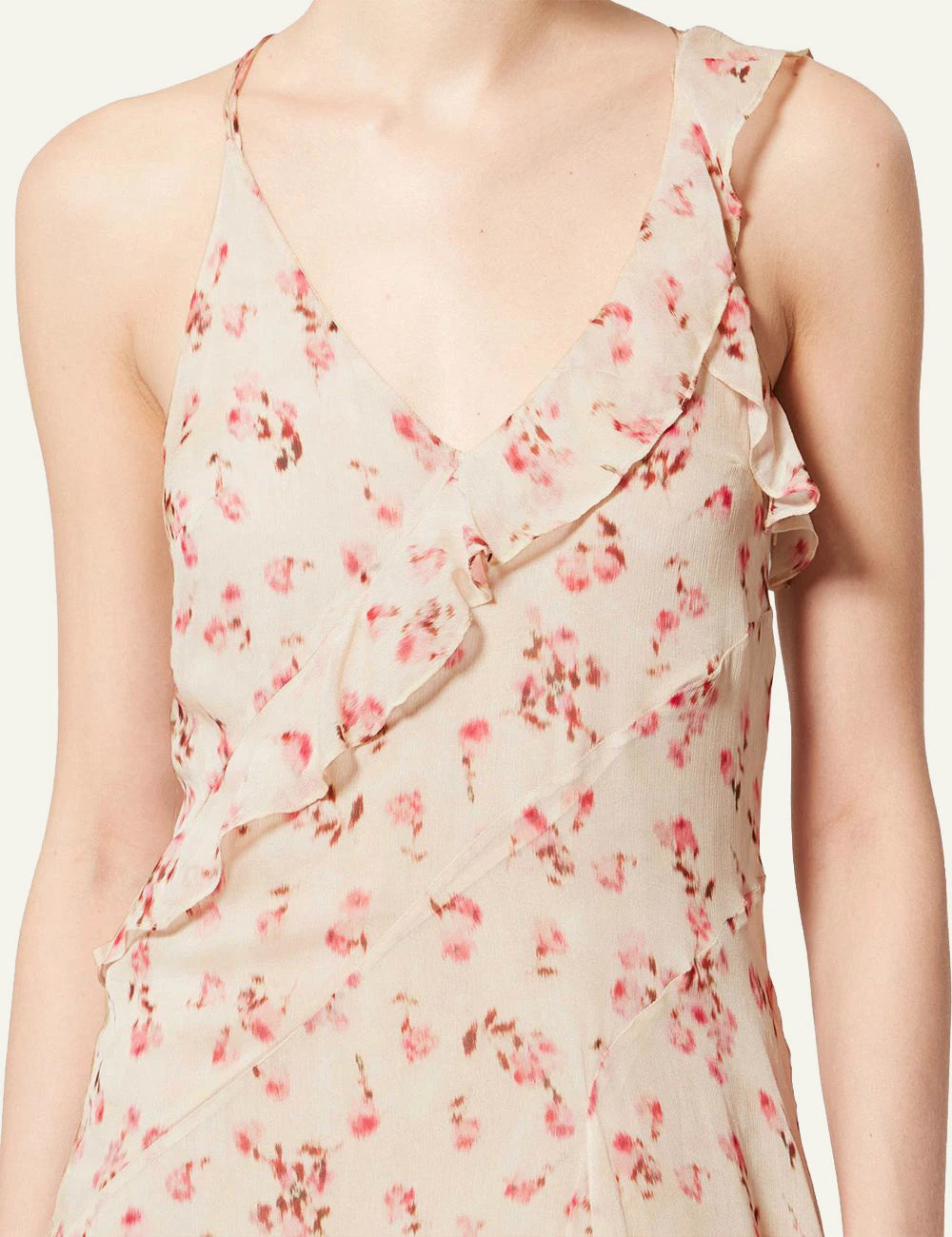 Isabel Marant Luxie dress beige floral maxi ruffled straps flowy front detail view