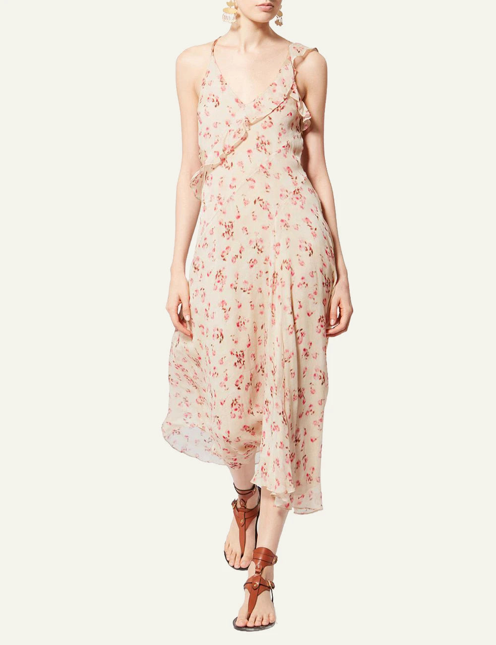 Isabel Marant Luxie dress beige floral maxi ruffled straps flowy front full body view