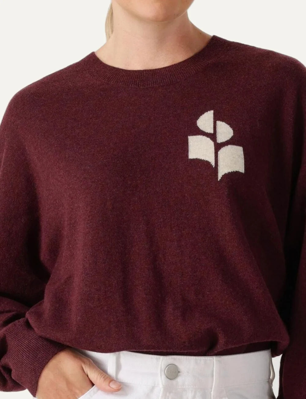Isabel Marant Marisans burgundy sweater with contrast IM logo and ribbed trims model