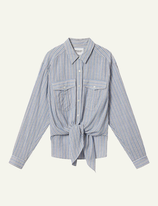 Isabel Marant Nath shirt blue striped cotton oversized tie front long sleeve front view