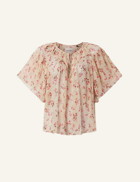Isabel Marant Neslya blouse beige floral print viscose flowy short sleeve front view