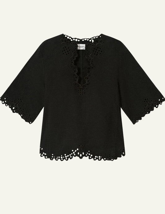 Isabel Marant Shana top black broderie anglaise cotton tunic short sleeve front view