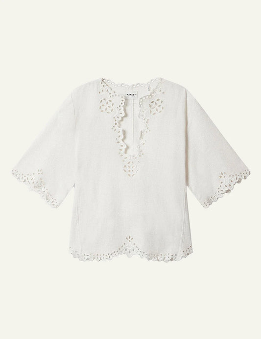 Isabel Marant Shana top white broderie anglaise cotton tunic short sleeve front view