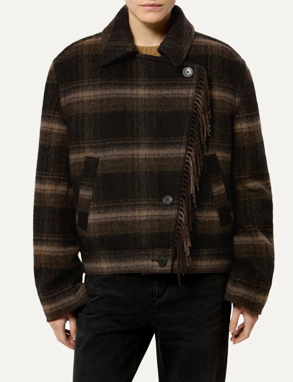 Isabel Marant short plaid double-breasted coat with long fringe trim model