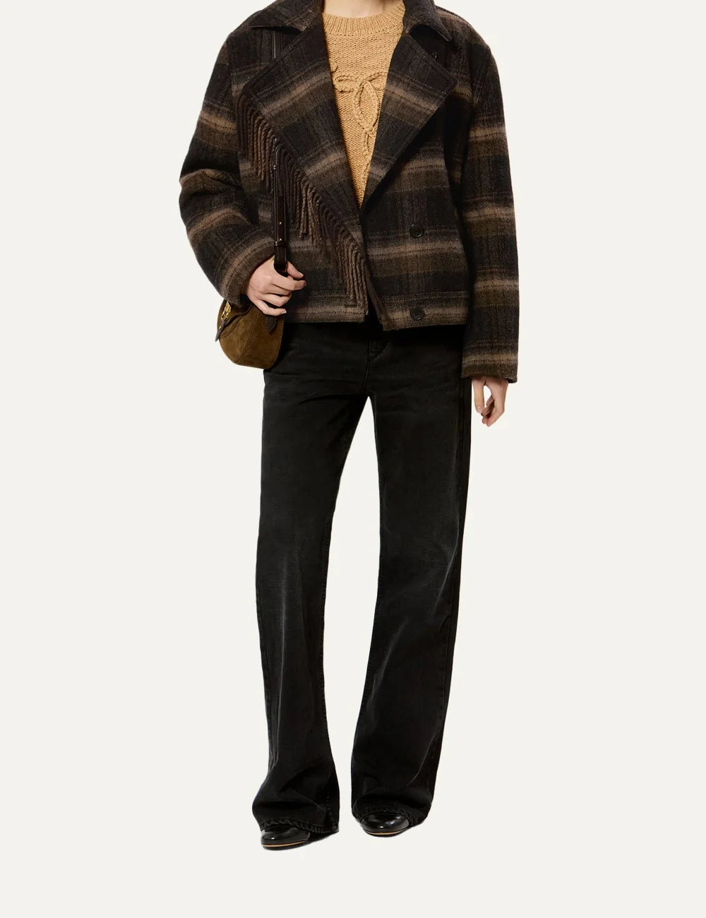 Isabel Marant short plaid double-breasted coat with long fringe trim full body