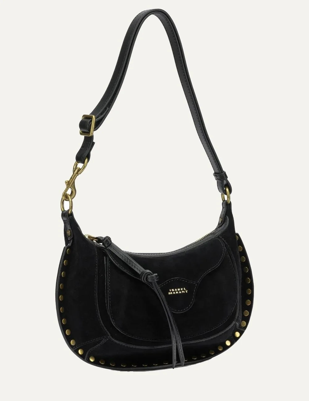 Isabel Marant suede shoulder bag with gold-tone studs and knotted leather zip pull.