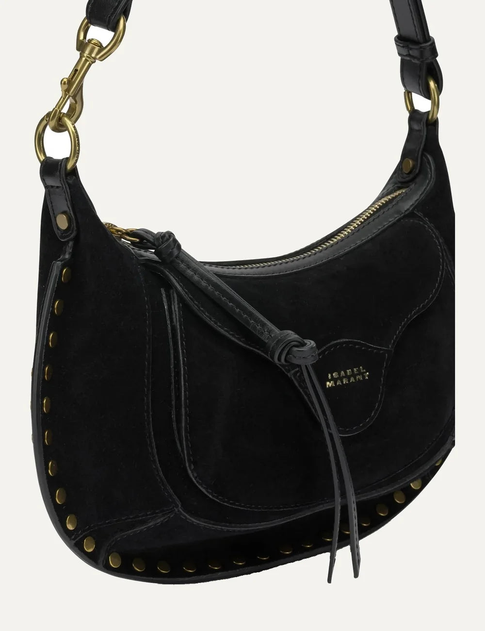 Isabel Marant suede shoulder bag with gold-tone studs and knotted leather zip pull side