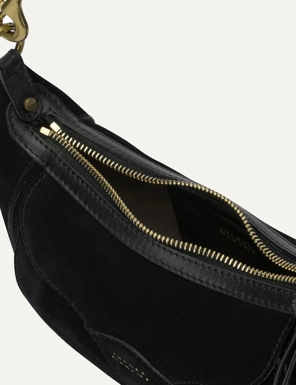 Isabel Marant suede shoulder bag with gold-tone studs and knotted leather zip pull top