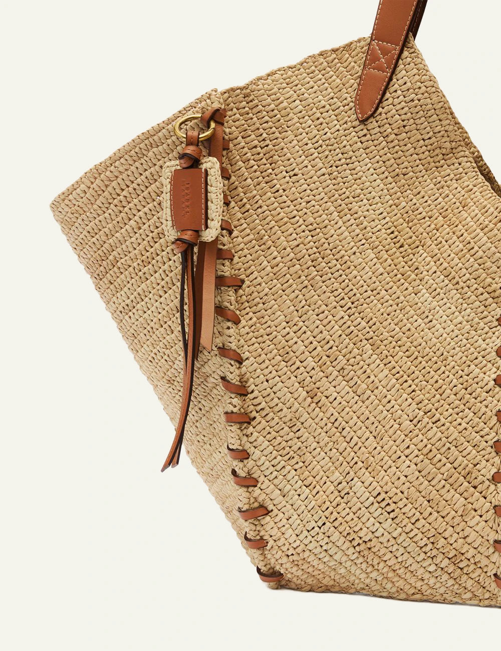 Isabel Marant Tampa raffia bag natural cognac leather trim shoulder bag front detail