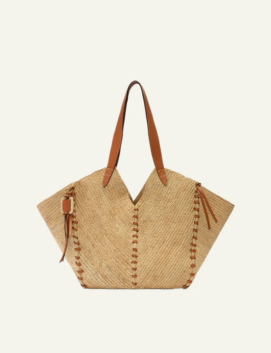 Isabel Marant Tampa raffia bag natural cognac leather trim shoulder bag front
