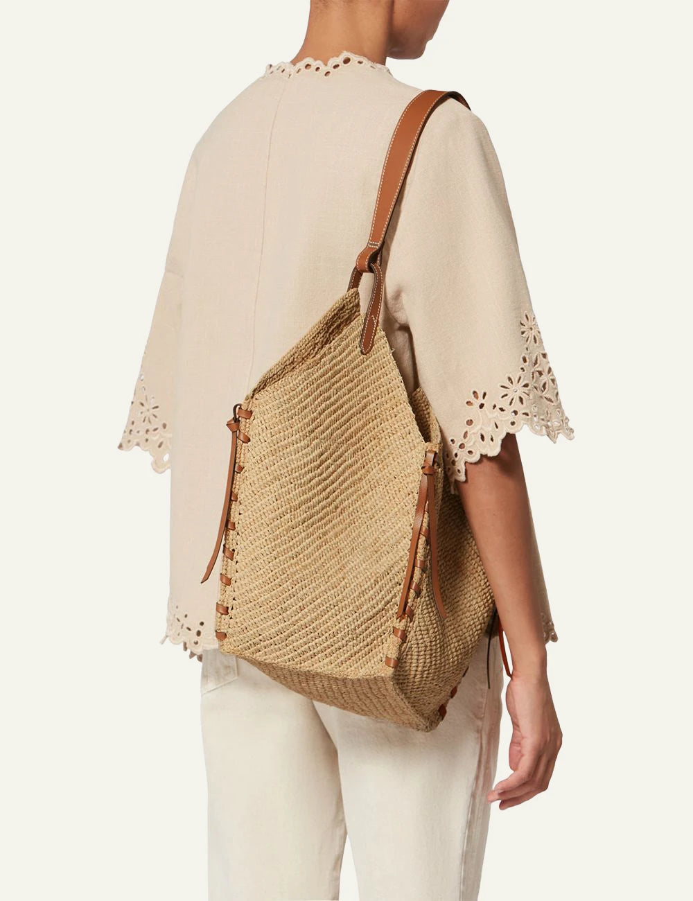 Isabel Marant Tampa raffia bag natural cognac leather trim shoulder bag front model