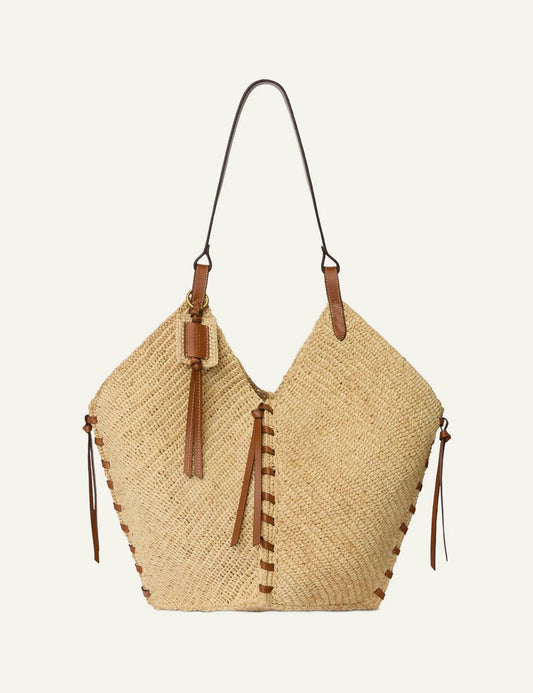 Isabel Marant Tampa tote raffia bag natural cognac leather shoulder bag front