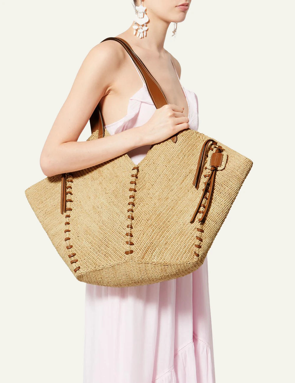 Isabel Marant Tampa tote raffia bag natural cognac leather shoulder bag front model