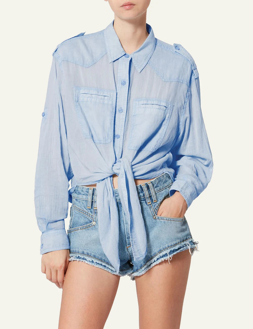 Isabel Marant Valiane shirt light blue cotton oversized tie front long sleeve front model view