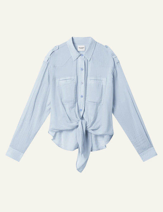Isabel Marant Valiane shirt light blue cotton oversized tie front long sleeve front view