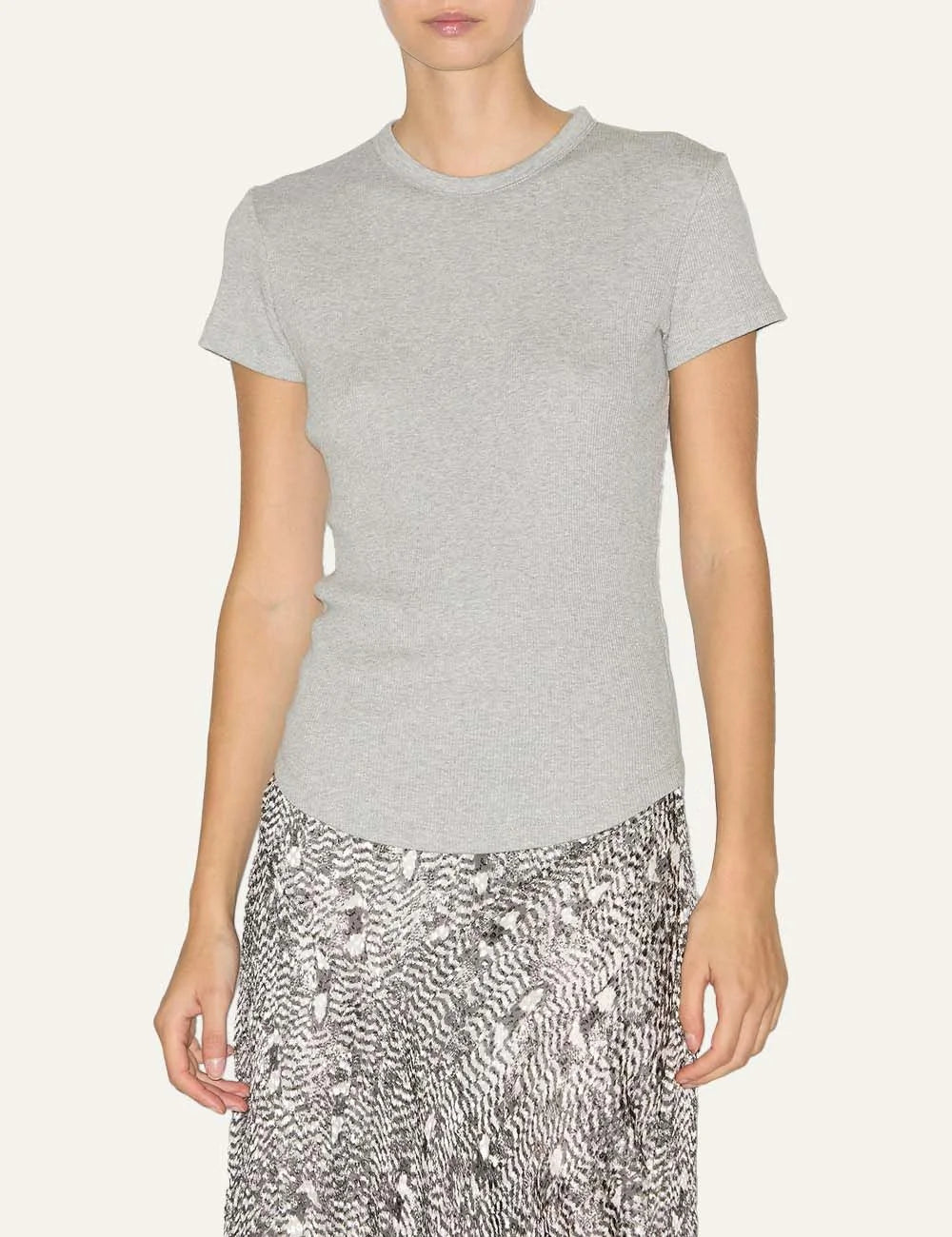 Isabel Marant grey ribbed cotton T-shirt with round neckline, short sleeves and curved hem.
