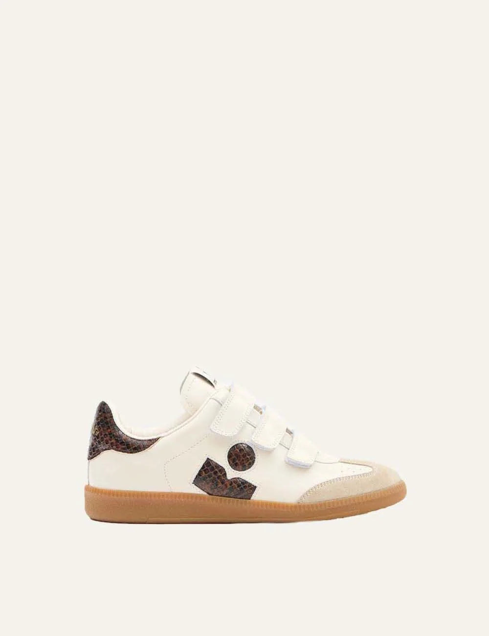 Isabel Marant ivory leather low-top sneakers with brown python-print accents, three Velcro straps and gum rubber sole.