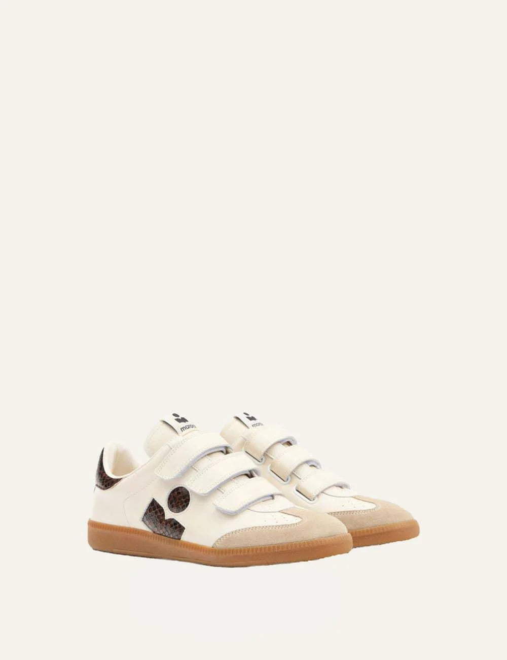 Isabel Marant ivory leather low-top sneakers with brown python-print accents, three Velcro straps and gum rubber sole angled