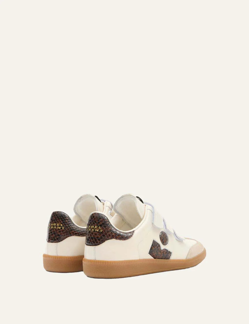 Isabel Marant ivory leather low-top sneakers with brown python-print accents, three Velcro straps and gum rubber sole back