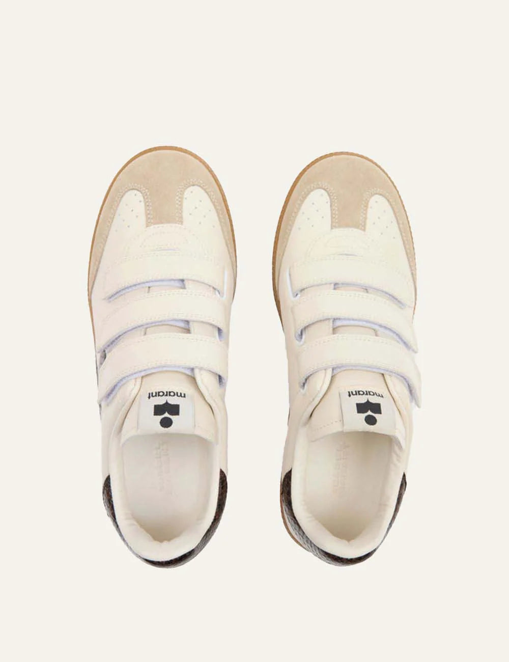 Isabel Marant ivory leather low-top sneakers with brown python-print accents, three Velcro straps and gum rubber sole top